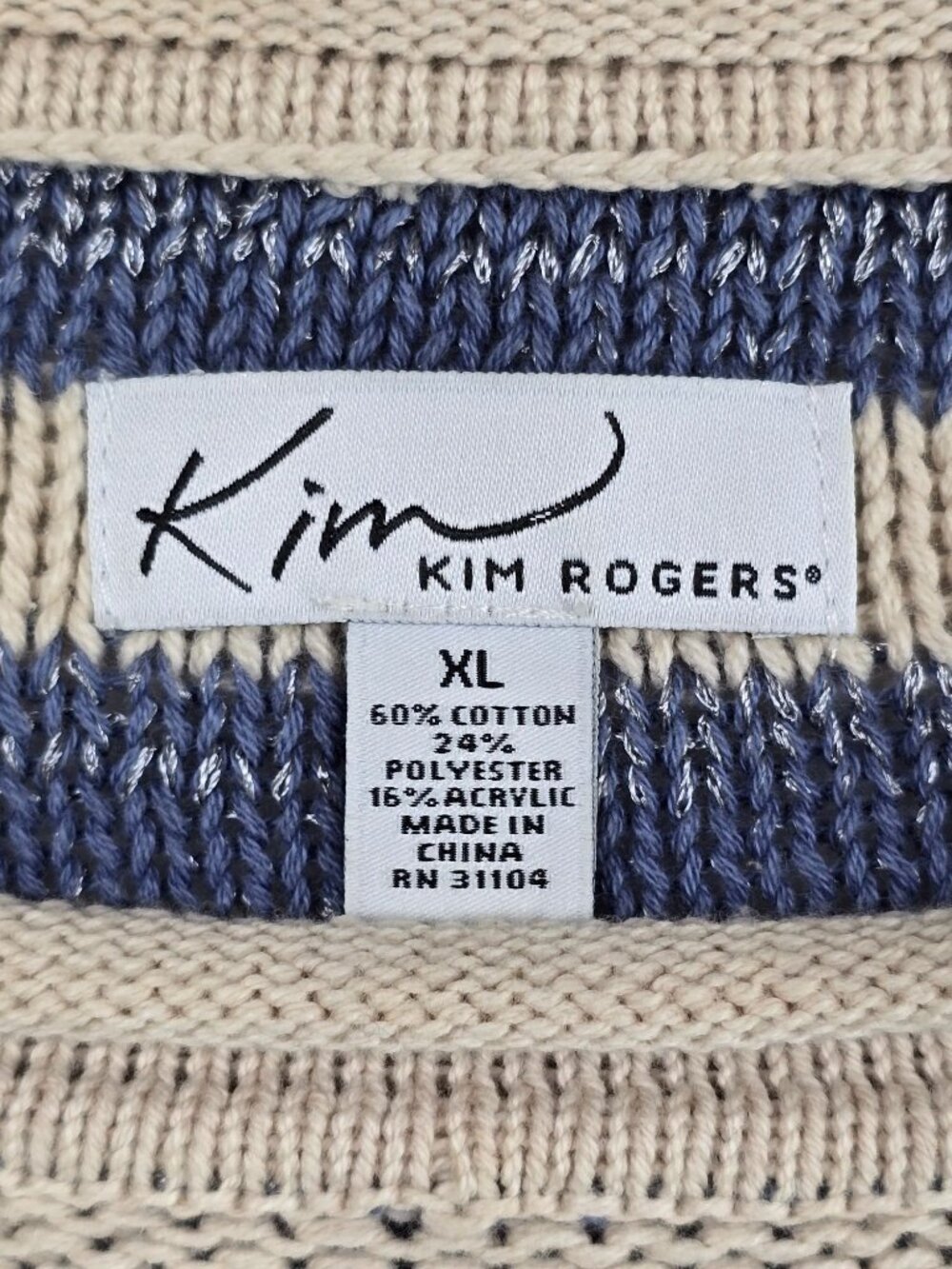 Kim Rogers XL Womens Striped Sweater Blue & Beige Cotton Blend - Picture 2 of 4